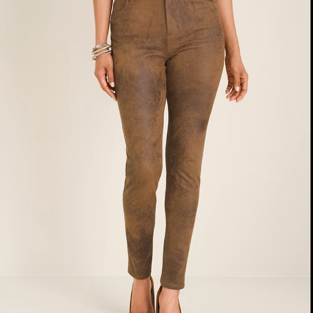 Chico's Women's size 18 Faux-Suede Worn Luggage Slim Pants brown distressed